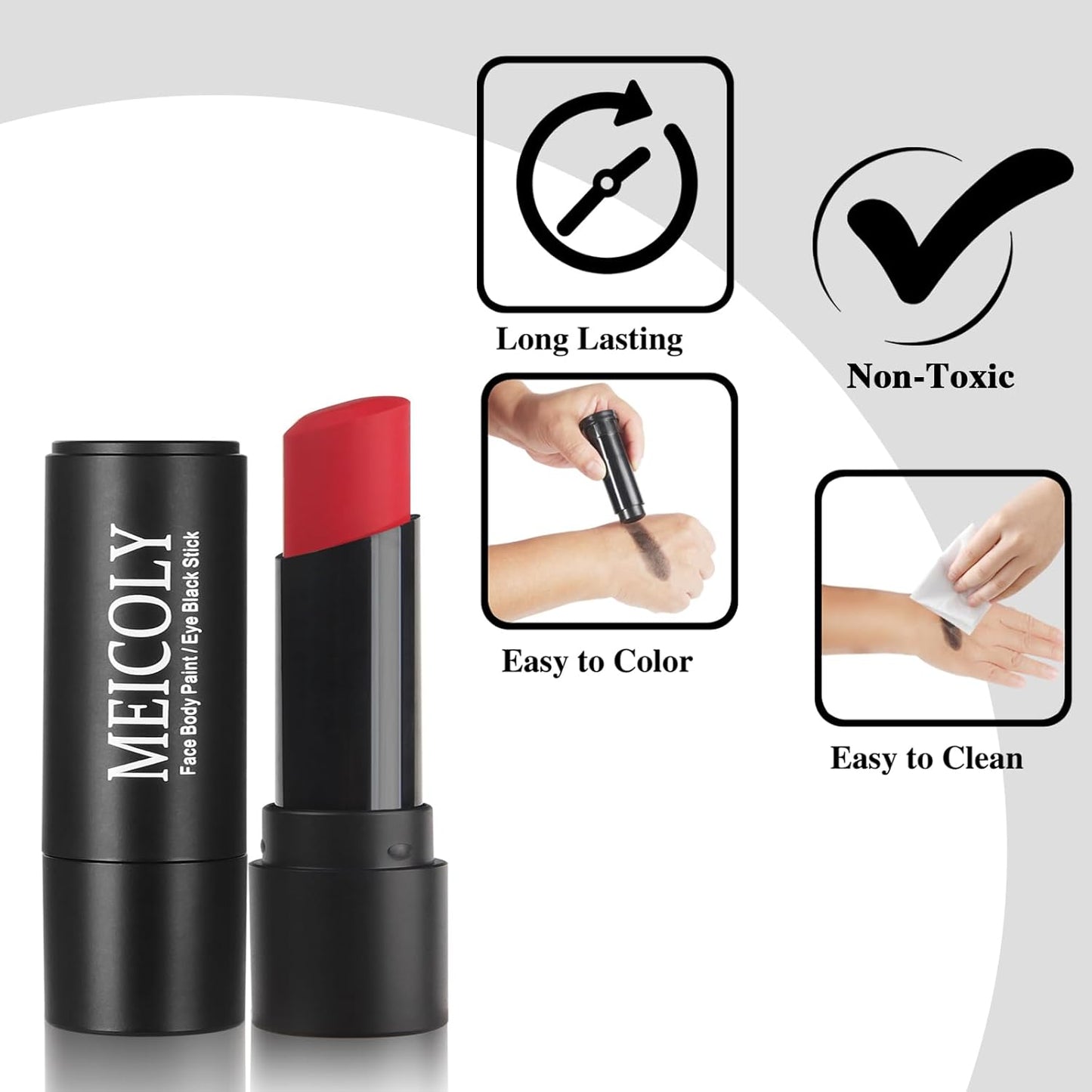 MEICOLY Red Face Body Paint Stick for Halloween SFX Cosplay Corpse Devil Clown Makeup,Red Face Paint for Adults and Kids,Waterproof Eye Black Stick for Baseball Softball Football Lacrosse