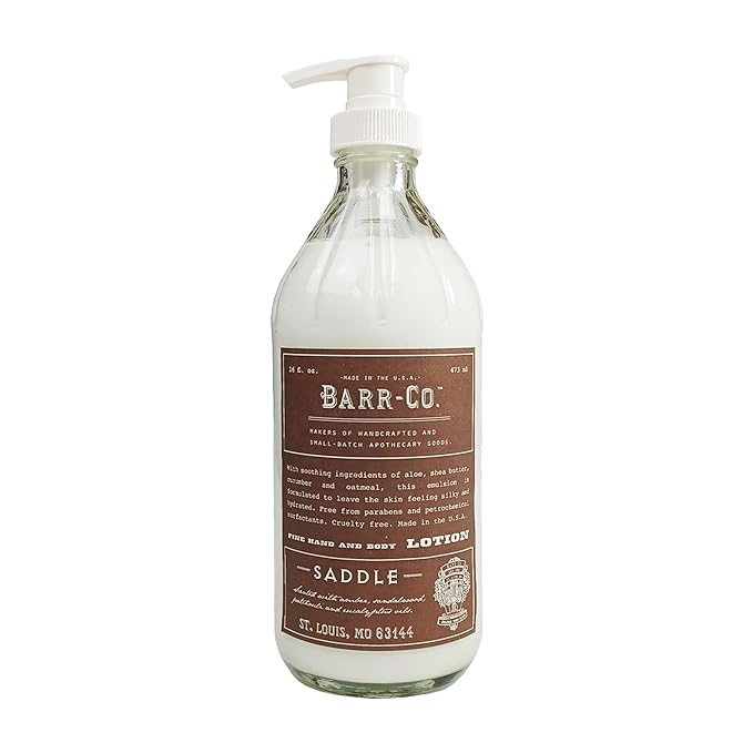 BARR-CO. Saddle Scent Shea Butter Lotion, Amber Scent with Sandalwood & Musk, Shea Moisturizing Lotion for Sensitive Skin, 16 fl oz