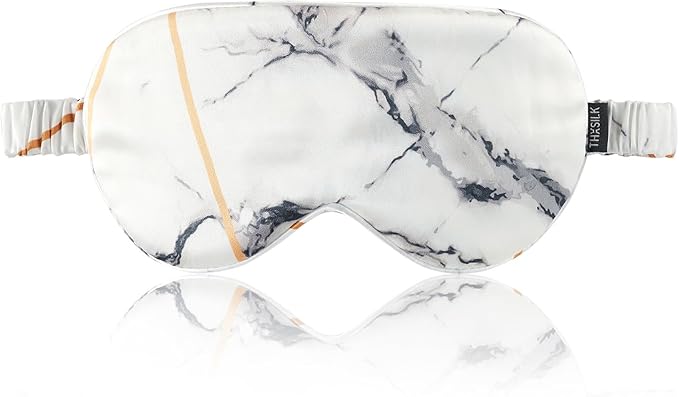 THXSILK Sleep Mask 100% 19 Momme Pure Mulberry Silk Super Smooth Cooling Decorative Sleep Eye Mask Blackout Eye Cover with Wide Head Strap, Marble-White