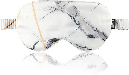 THXSILK Sleep Mask 100% 19 Momme Pure Mulberry Silk Super Smooth Cooling Decorative Sleep Eye Mask Blackout Eye Cover with Wide Head Strap, Marble-White