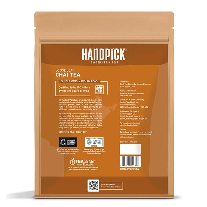 HANDPICK, Premium Chai Tea Loose Leaf (340g/12oz) | Blend Of Black Tea - Masala Chai Tea With Cinnamon, Cardamom, Cloves & Black Pepper | Resealable Ziplock Pouch