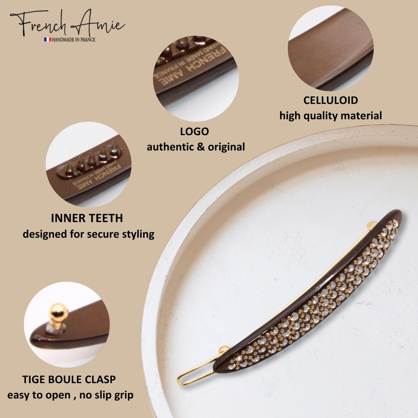 French Amie Narrow Oblong Small 2 1/4" Celluloid Acetate Set of 2 Side Slide In Hair Clip Barrettes with Tige Boule Clasp for Girls and Women, Made in France (Tortoise Shell)