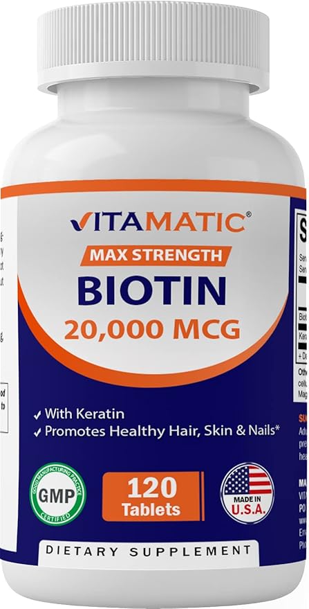 Vitamatic High Potency Biotin 20000 mcg (20mg) with Keratin 100mg - 120 Vegetarian Tablets - Biotin Supplements for Healthy Hair Skin & Nails for Adults (120 Count (Pack of 3))