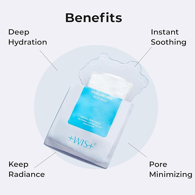 '+WIS+ Hyaluronic Acid Sheet Mask 5 EA with Hyaluronic Acid Serum and Vitamin B5, Hydrating Facial Mask for Dry Skin, Anti-Aging Mask to Plump and Repair Dehydrated Skin, Safe on Sensitive Skin