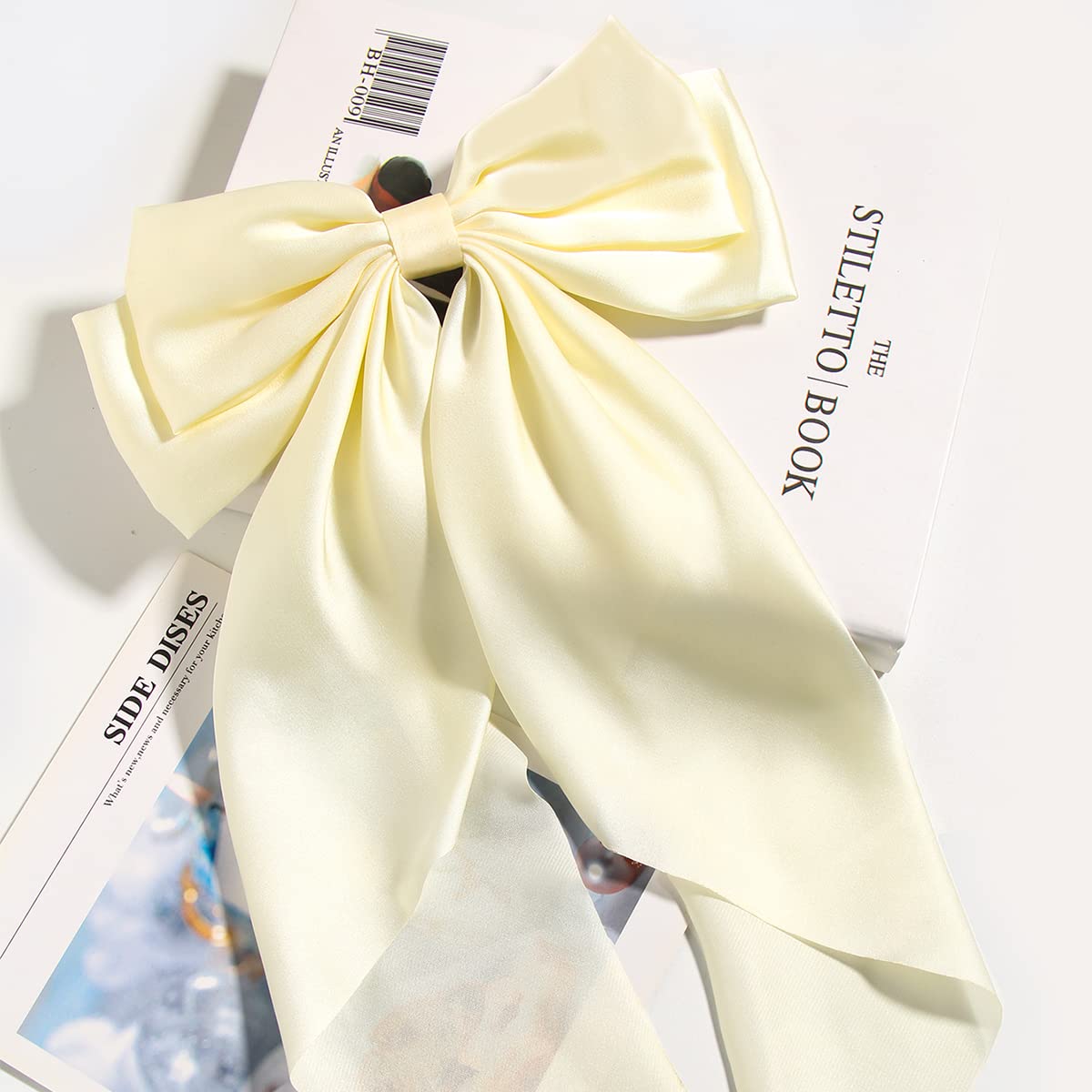 Women Big Bow Barrettes Girl's Satin Hairclips Long Ribbon Hair Pins Accessories For Party (Beige)