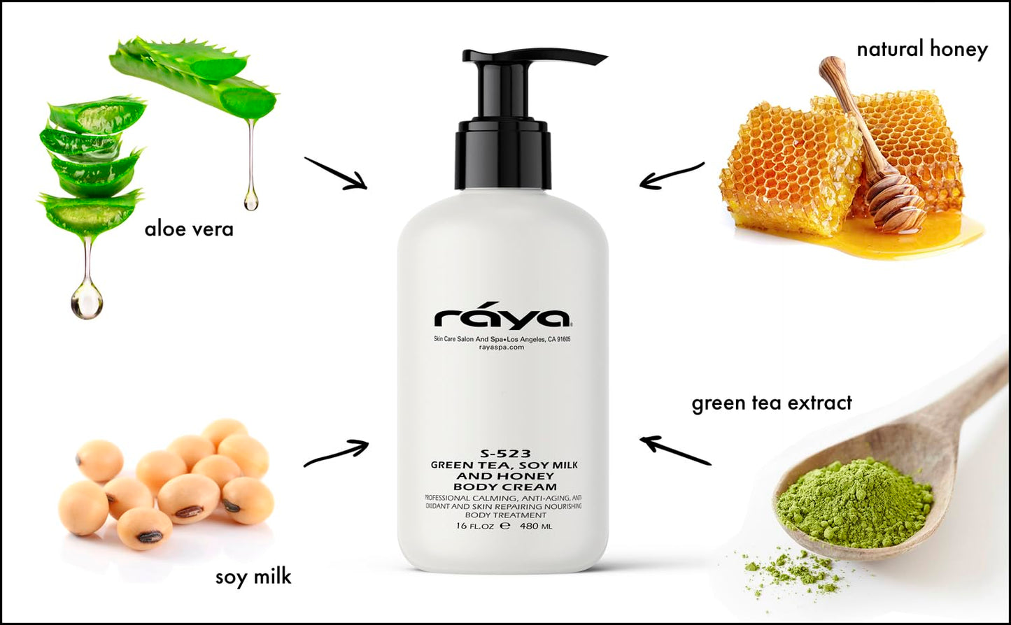Raya Green Tea, Soy Milk, and Honey Body Cream 16 oz (S-523) | Nourishing, Calming, and Anti-Aging Body Cream | Protects and Refines Skin