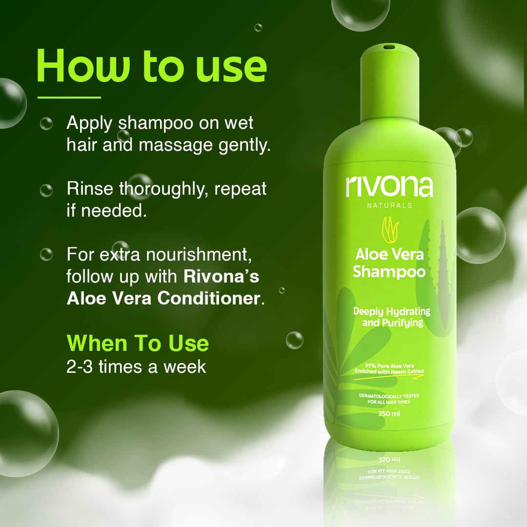 RIVONA NATURALS 99% Pure Aloe Vera hydrating Shampoo with Neem for Damaged, Dry and Frizzy Hair - Organic, Natural, Vegan, Sulfate, Alcohol and Paraben Free Shampoo