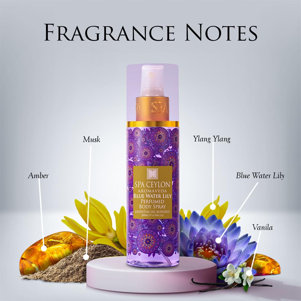 SPA CEYLON Blue Water Lily Body Spray Aquatic Fruity Floral Mist for Women | Ethereal Scent with Musk | Amber & Vanilla (200 ml, Water Lily)