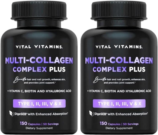 Vital Vitamins Multi Collagen Plus (2-Pack) - with Biotin, Hyaluronic Acid, Vitamin C - Type I, II, III, V, X - for Women & Men - Hair, Skin, Nails Beauty Complex - 300 Capsules