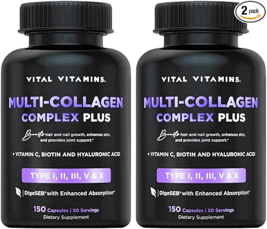 Vital Vitamins Multi Collagen Plus (2-Pack) - with Biotin, Hyaluronic Acid, Vitamin C - Type I, II, III, V, X - for Women & Men - Hair, Skin, Nails Beauty Complex - 300 Capsules