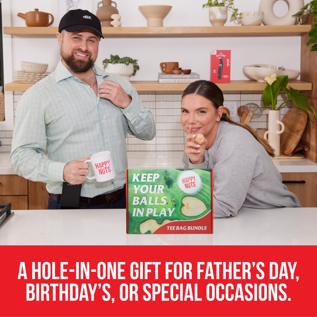 Happy Nuts Tee Bag Bundle for Men – Golf-Themed Grooming & Game Day Essentials - Perfect Men's Gift Kit for Golfers - Sandalwood Body Wash, Anti-Chafing Comfort Powder Deodorant & Golf Ball Tee Bag