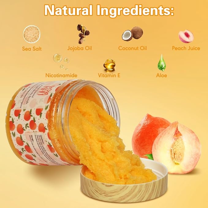 KAV Salt Body Scrub - Natural Exfoliating Salt Scrub for Body and Face, Helps with Moisturizing Skin, Dead Cell Removal, Rejuvenation and Relaxation, 4 Scents (Peach)