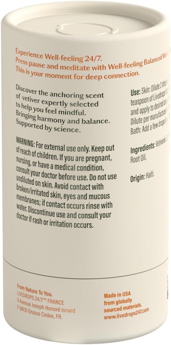 LIVEDROPS 24/7 Balanced Vetiver Essential Oil - Anchoring Scent of Vetiver - Crafted in France - Pure & Natural - Aromatherapy - Dilute in Carrier Oil for The Skin or use in a Diffuser