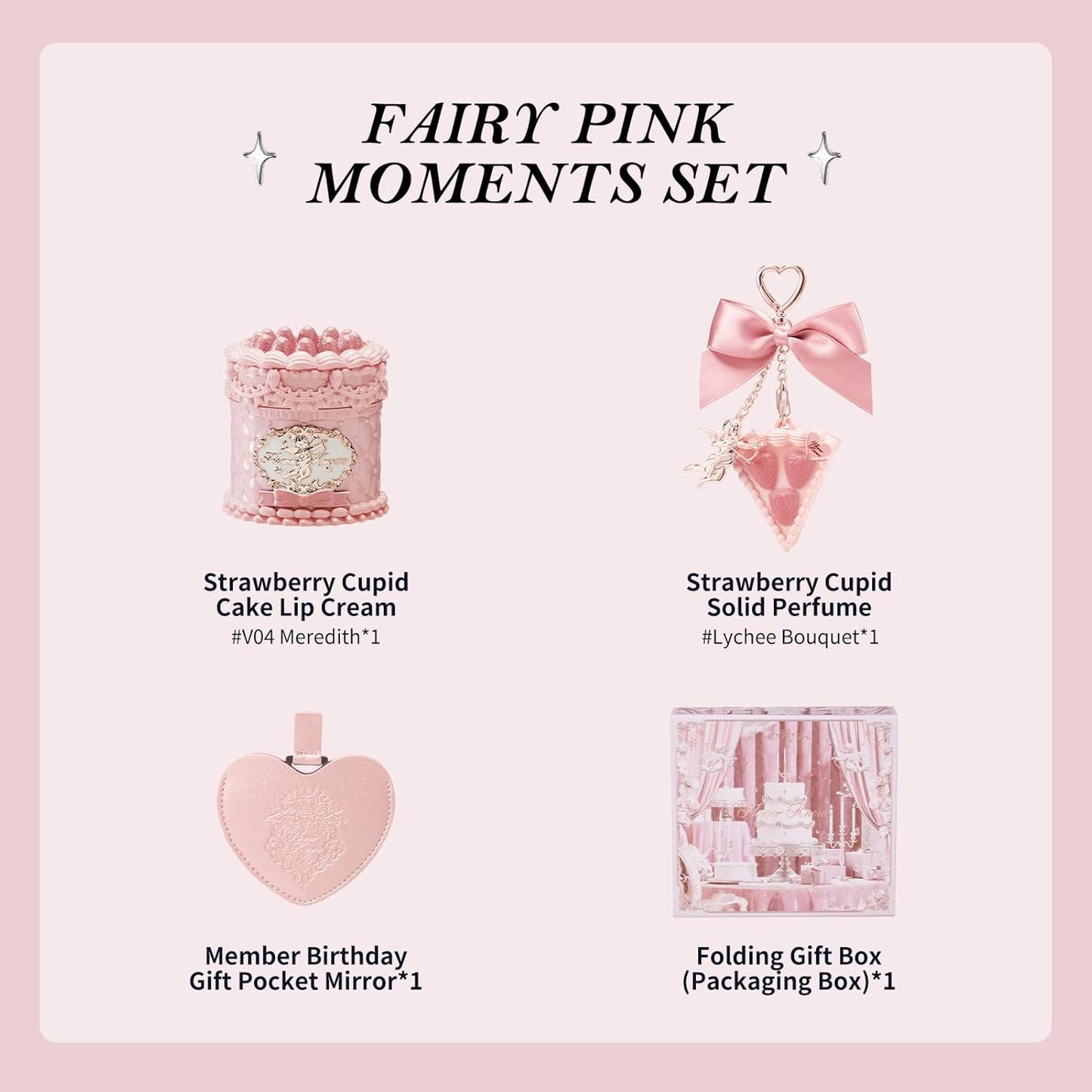 Flower Knows Strawberry Cupid 4-Piece Makeup Gift Box Set-Fairy Pink Moments Set, Lip Cream + Solid Perfume + Pocket Mirror + Folding Gift Box(01 Fairy Pink Moments Set)