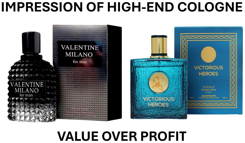 VALENTINE MILANO and (VICTORIOUS HEROES Cologne for Men Eau de Toilette Elegant Cedarwood and Vanilla Fragrance 3 FL.OZ, Natural Spray, Long Lasting (Pack of 2))