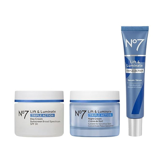 No7 Lift & Luminate Triple Action Skincare Set - Broad Spectrum Anti Aging Day Cream SPF 30 + Vitamin C Wrinkle Serum + Collagen Peptide Brightening Night Cream (3 Piece Kit)