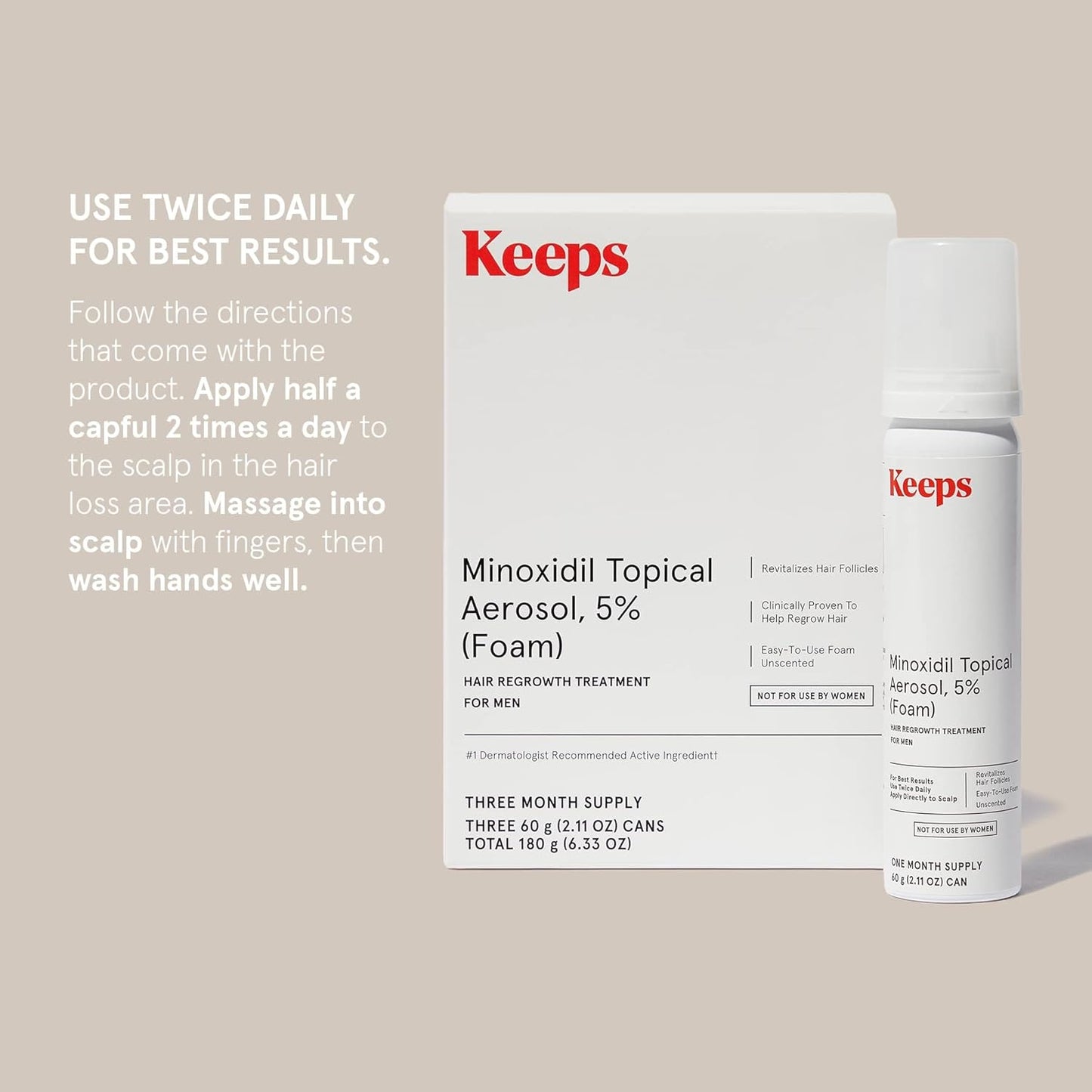 Keeps Extra Strength Minoxidil for Men - 5% Minoxidil Foam Hair Loss & Regrowth Treatment for Thinning & Bald Spots - Clinically Proven Hair Growth Products - Unscented Topical Aerosol Foam
