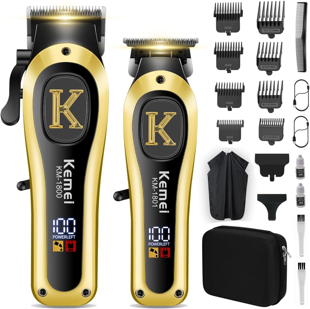 KEMEI Professional Clippers and Trimmers Set, Cordless Hair Clippers Trimmers for Men, Rechargeable Barber Hair Cutting Kit