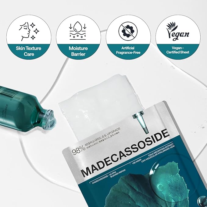 Mediheal Madecassoside Essential Sheet Mask Blemish Repair 4 pcs. 98% Purity Madecassoside & Hyaluronic Acid Included. Enhancing Moisture Barrier & Skin Texture Care. Vegan Formula Sheet Mask