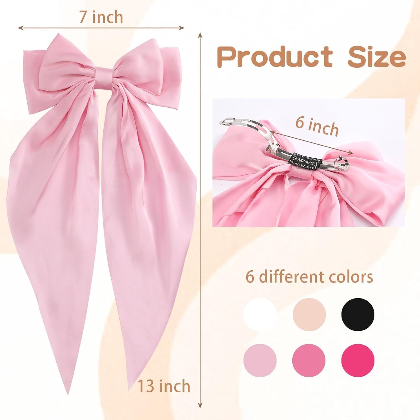 Hair Bows for Women, 6 PCS Silky Satin Hair Clips, Large Bow Hair Barrettes, Oversized Long Tail, Pink Color, Metal Bow Hair Clips, Aesthetic Hair Accessories