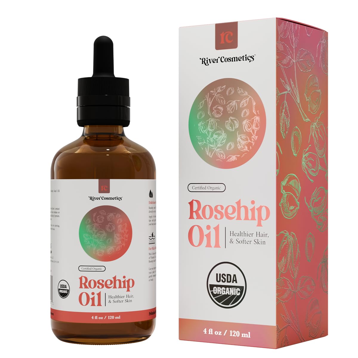 Organic Rosehip Oil, Cold Pressed Rosehip Oil for Face, Skin Care, Gua Sha, and Hair Care, USDA Certified Organic 100% Pure, Hexane Free, 4 Fl Oz.
