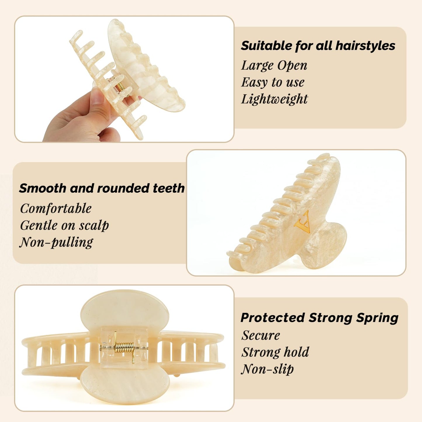 MAORULU 4 Inch Letter A Acrylic Hair Claw Clip for Women, Large Cute Marble Beige Glitter Alphabet Jaw Clips for Thick or Thin Hair, French Style Strong Hold Monogram Hair Accessories