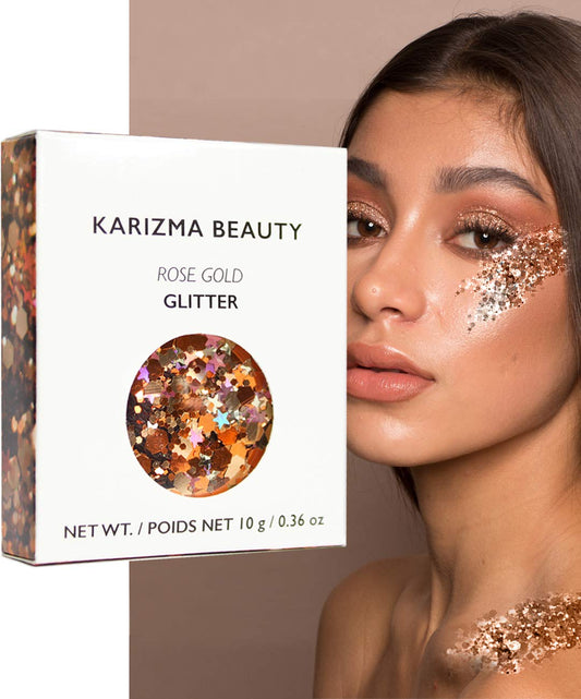KARIZMA Rose Gold Glitter. 10g Chunky Face Glitter, Hair Glitter, Eye Glitter and Body Glitter for Women. Rave Glitter, Festival Accessories, Cosmetic Glitter Makeup. Loose Glitter Set