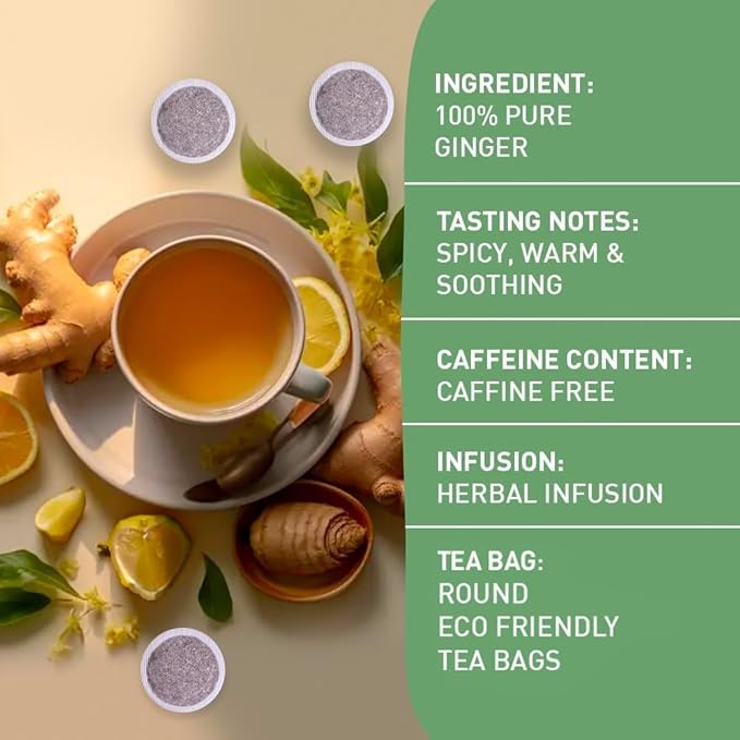 HANDPICK, Organic Ginger Tea Bags (100 Herbal Tea Bags), Caffeine Free & 100% Pure Ginger Root |Soothing & Spicy Blend | Round Eco Conscious Teabags