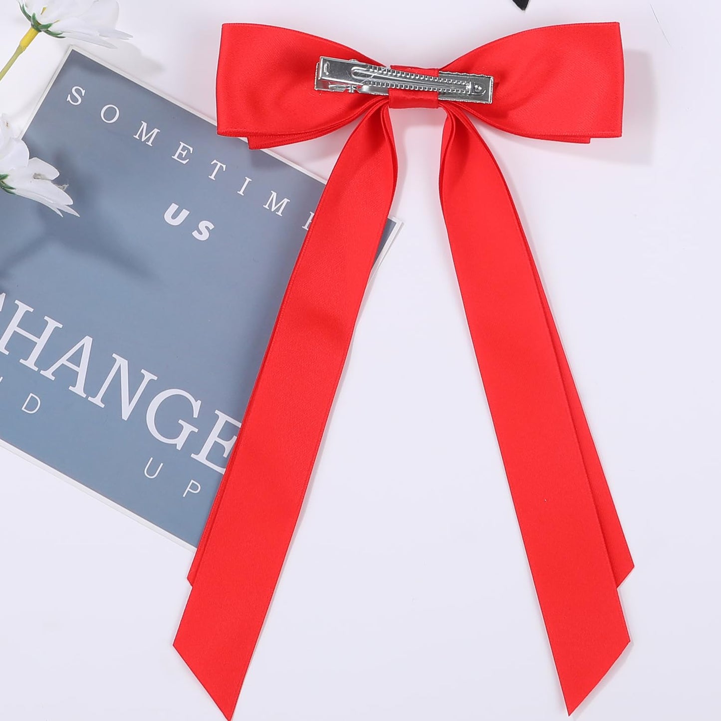 Satin Bow Hair Clips for Women, Silkly Satin Hair Ribbon Bow with Long Tail Hair Accessories for Girls (Black White Beige Red Pink Brown)