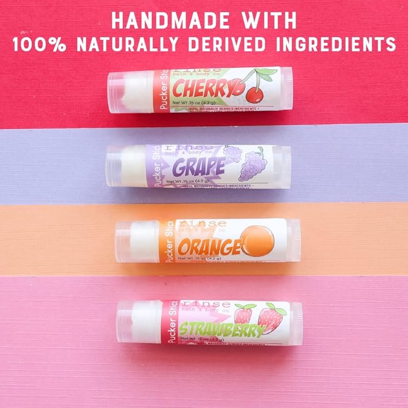 Rinse Bath & Body Fruit Cup Lip Balm Set - Handmade Natural Flavored Lip Balm | Cherry, Grape, Orange & Strawberry | Moisturizing, Soothing & Protecting | Squalane Oil | Gluten Free | 4 pack