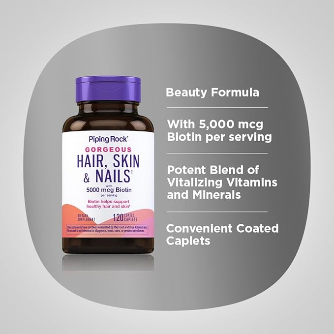 Piping Rock Hair Skin and Nails Vitamins | 120 Caplet Pills | with Collagen | 5000 mcg of Biotin | Non-GMO, Gluten Free Supplement