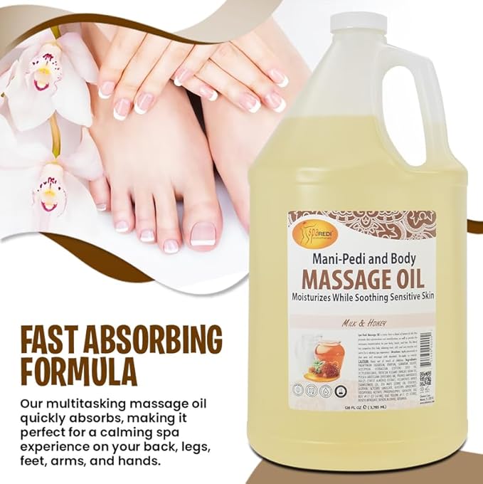 SPA REDI - Massage Oil, Milk and Honey, 128 Oz - Professional Pedicure, Manicure, Full Body Massage Therapy - Made With Almond, Cotton Seed, Sunflower, Avocado, Essential Oils, Vitamin E