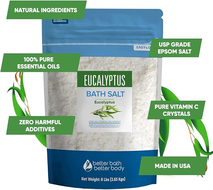 Eucalyptus Bath Salt 128 Ounces (8 Lbs) Epsom Salt with Natural Eucalyptus Essential Oil Plus Vitamin C in BPA Free Bulk Size Pouch with Easy Press Lock Seal Made in USA