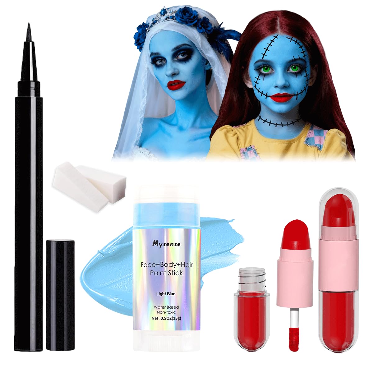 Mysense Sally Makeup Kit,Halloween Corpse Bride costume,Sally Face Cosplay Accessories for Women and Kids,Light Blue Face Paint+Red Double-Ended Lipstick+Black Eyeliner+Sponges