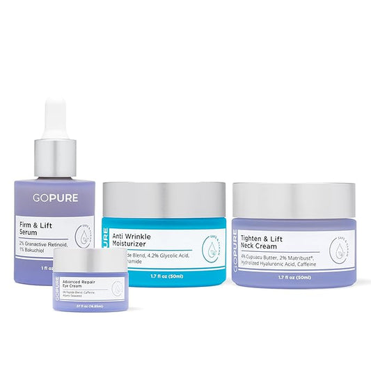 goPure Ultimate Firming Set - Skincare Routine for Firmer-Looking Skin, 4 Piece Set Includes Tightening Neck Cream, Hydrating Eye Cream, Anti-Aging Moisturizer and Firming Retinol Serum