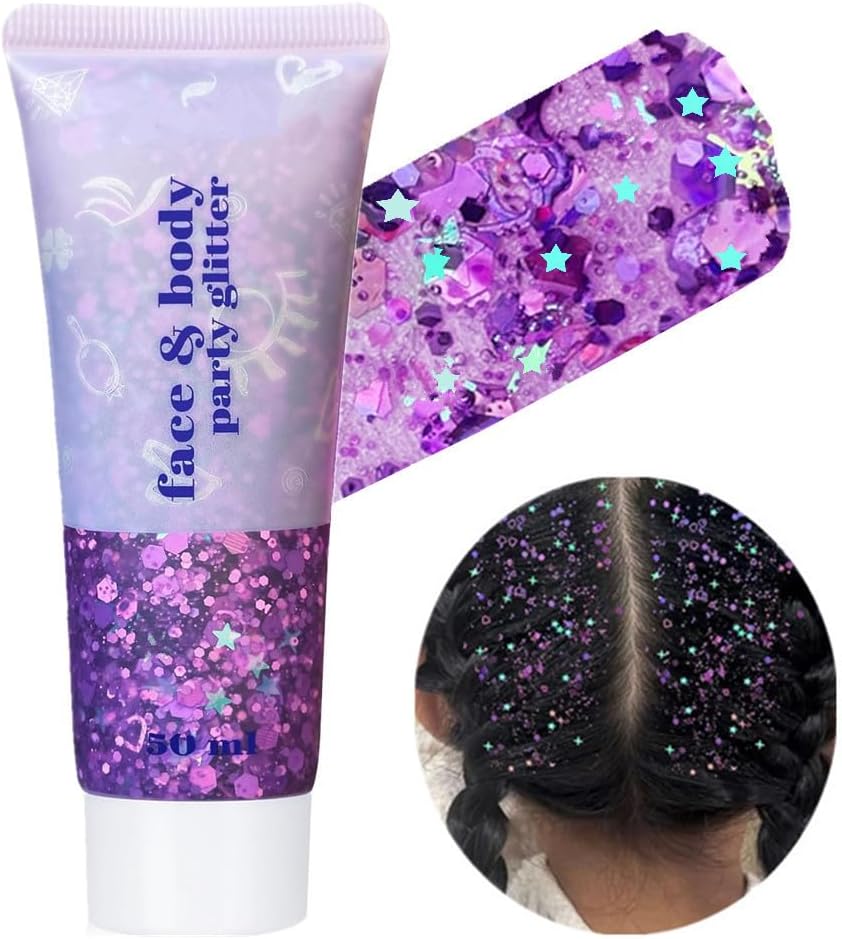 Go Ho Light Purple Face Body Glitter - Party Flash Festival Rave Outfits for Women&Kids,Holographic Glitter Face Paint,Halloween Mermaid Fairy Makeup Chunky Sequins Gel,Rave Pride Accessories