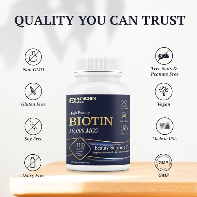 Puregen Labs Biotin 10,000 MCG Supports Healthy Hair, Skin & Nails - High Potency Beauty Support - Non-GMO, Gluten Free | 360 Vegetarian Tablets