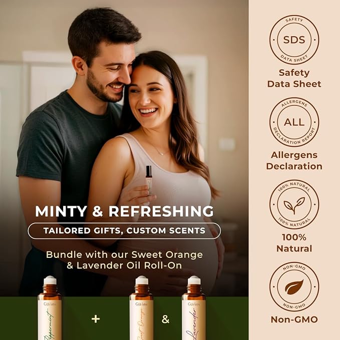 Gya Labs Peppermint Essential Oil Roll On - Natural Queasiness Soother for Pregnant Women, 100% Pure Natural Peppermint Oil Roller for Motion Relief, Head Cooling, Pregnancy Must Haves (0.34 Fl Oz)