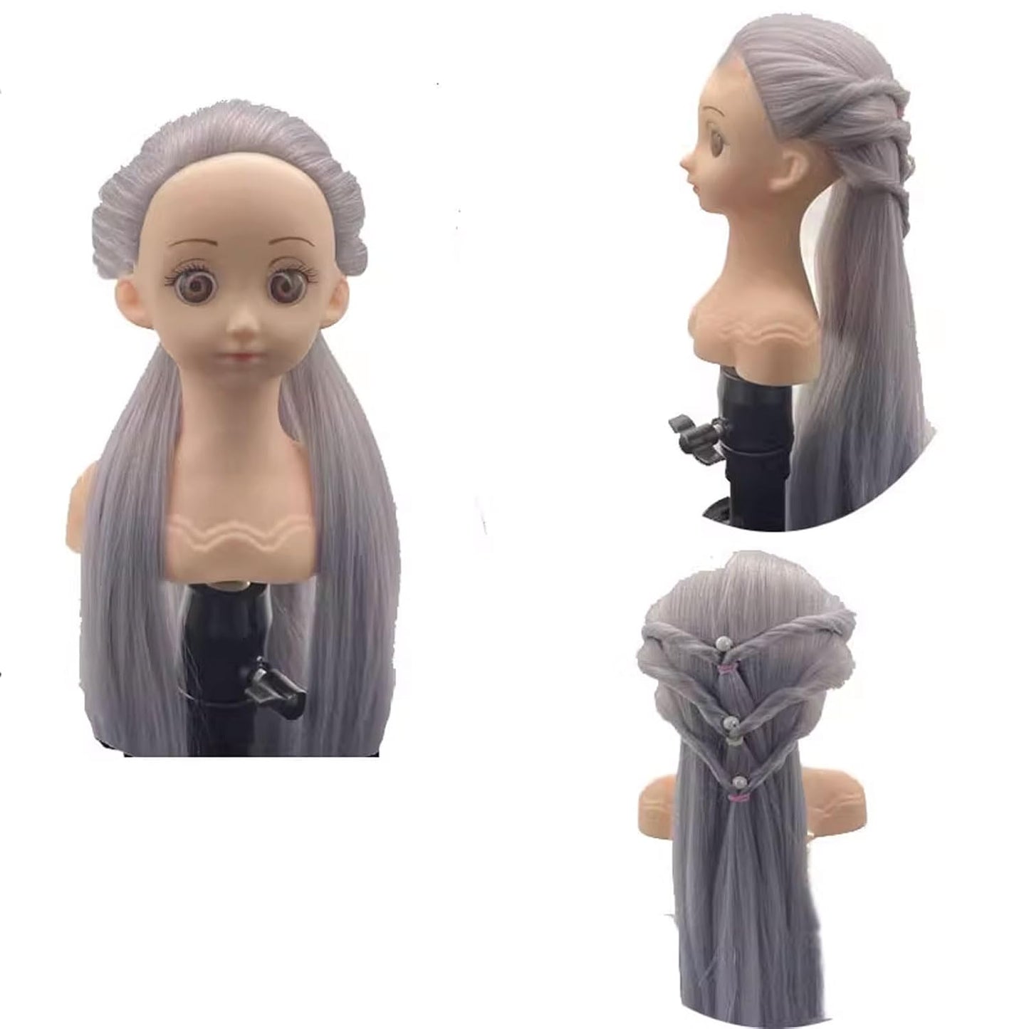 Small Doll Head For Hair Styling,Mini Synthetic Mannequin Head,Doll Head With Clamp Holder & Tools, Practice Doll Head For Hair Braiding,Styling and Cutting with Two Bows (Grey)