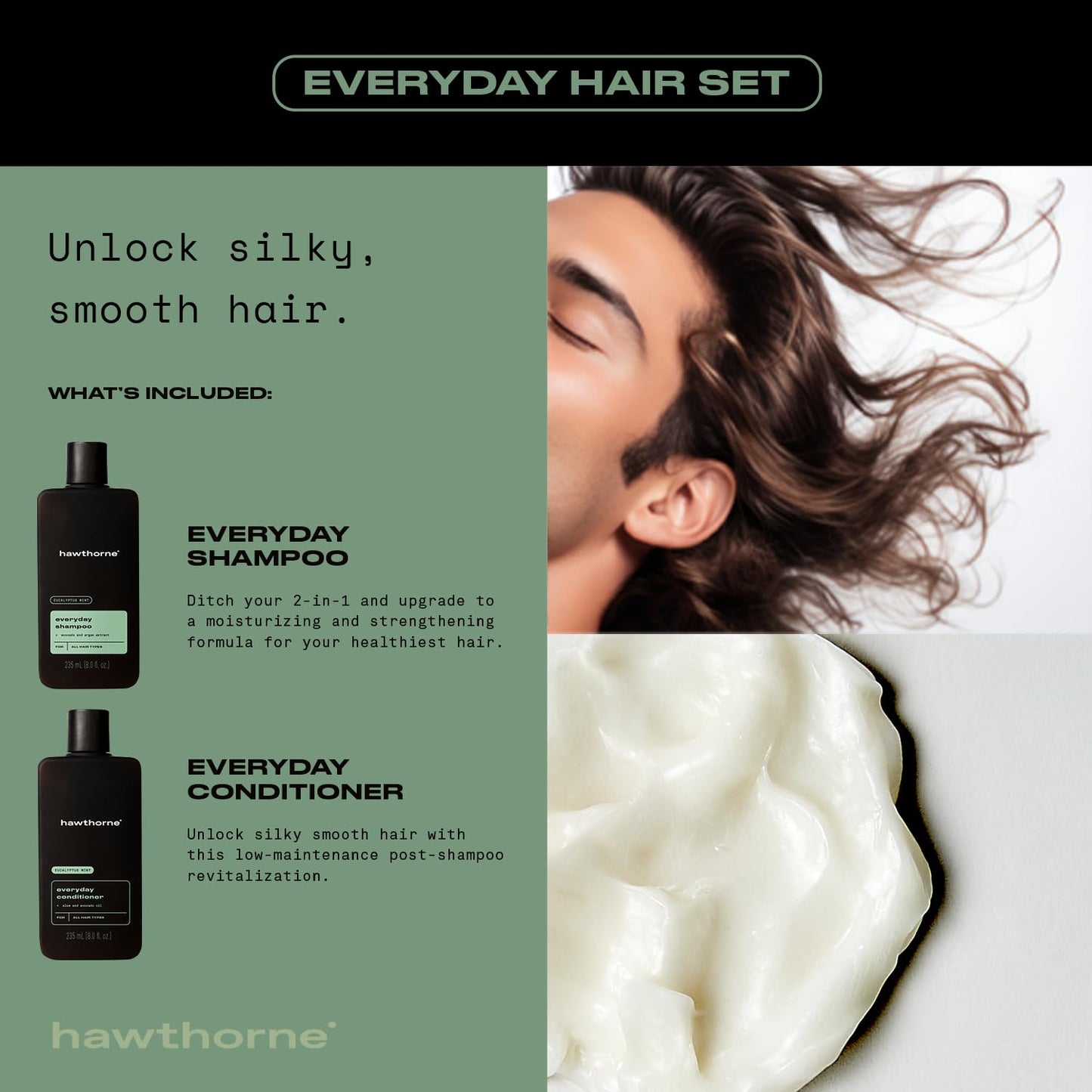 Hawthorne Men's Everyday Shampoo and Conditioner Set. Sulfate Free Shampoo and Conditioner with Pure Avocado Oil and Coconut Oil For Stronger, Healthier Hair. Mint and Eucalyptus Scent. 8 fl. oz each.