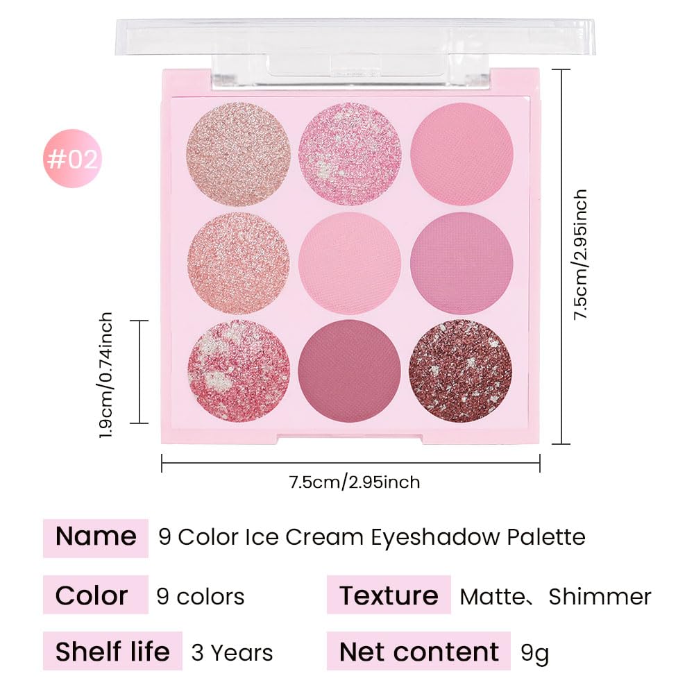 AMY'S DIARY Pink Shimmer Eye Shadow Makeup Palette 9 Colors, Highly Pigmented Matte Glitter Shimmer Pearl Waterproof Party Sparkling Eyeshadow Palette (02#)