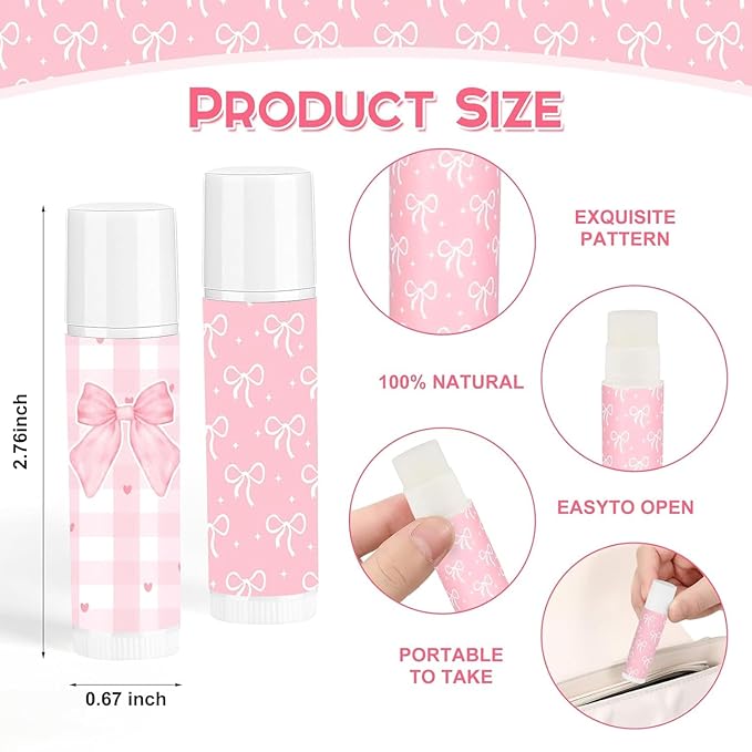 50 Pcs Pink Bow Lip Balm Bulk, Pink Lip Care, Moisturizing and Nourishing Lip Balm Gifts for Girls Women Employee Bachelorette Birthday Party Favors Guest