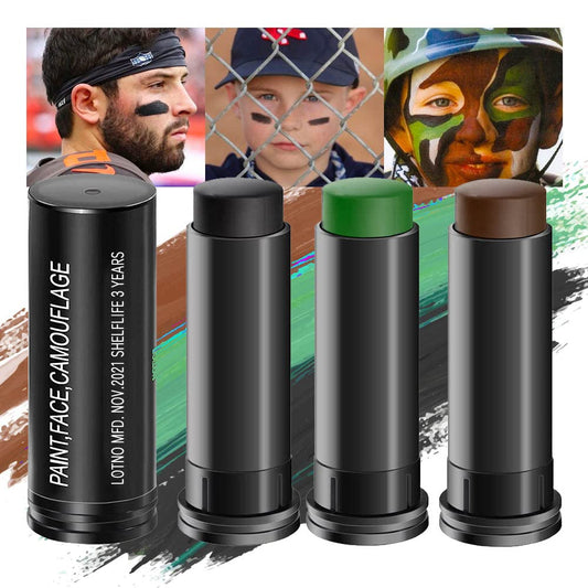 Kaely 3Pcs Face Paint Stick, Baseball Football Softball Eye Black Stick for Outdoor Sports, Black Brown Green Camo Face Body Paint Kit, Easy to Color, Halloween Birthday Party Clown Makeup Sets