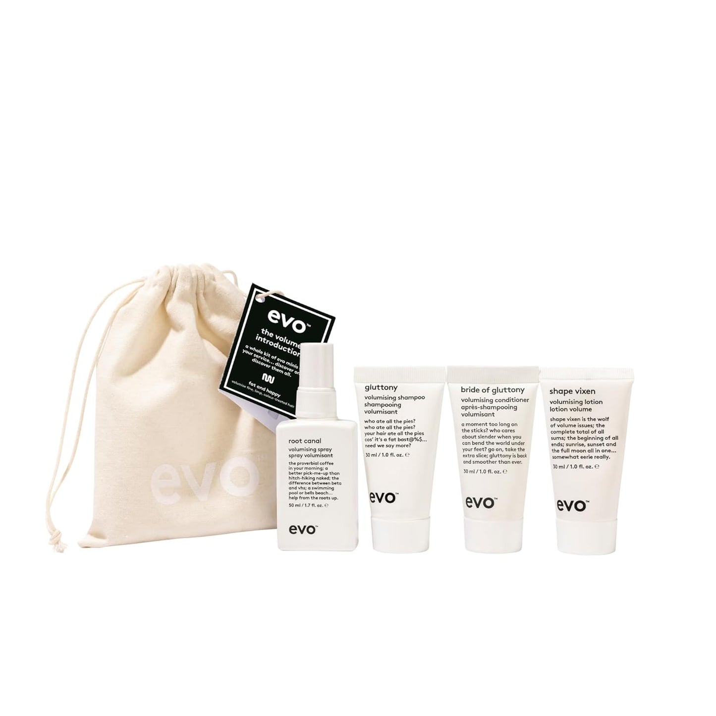 Evo The Volume Introduction Haircare Gift Set - Gluttony Volumizing Shampoo, Bride of Gluttony Volumizing Conditioner, Shape Vixen Volumizing Lotion & Root Canal Volumizing Spray