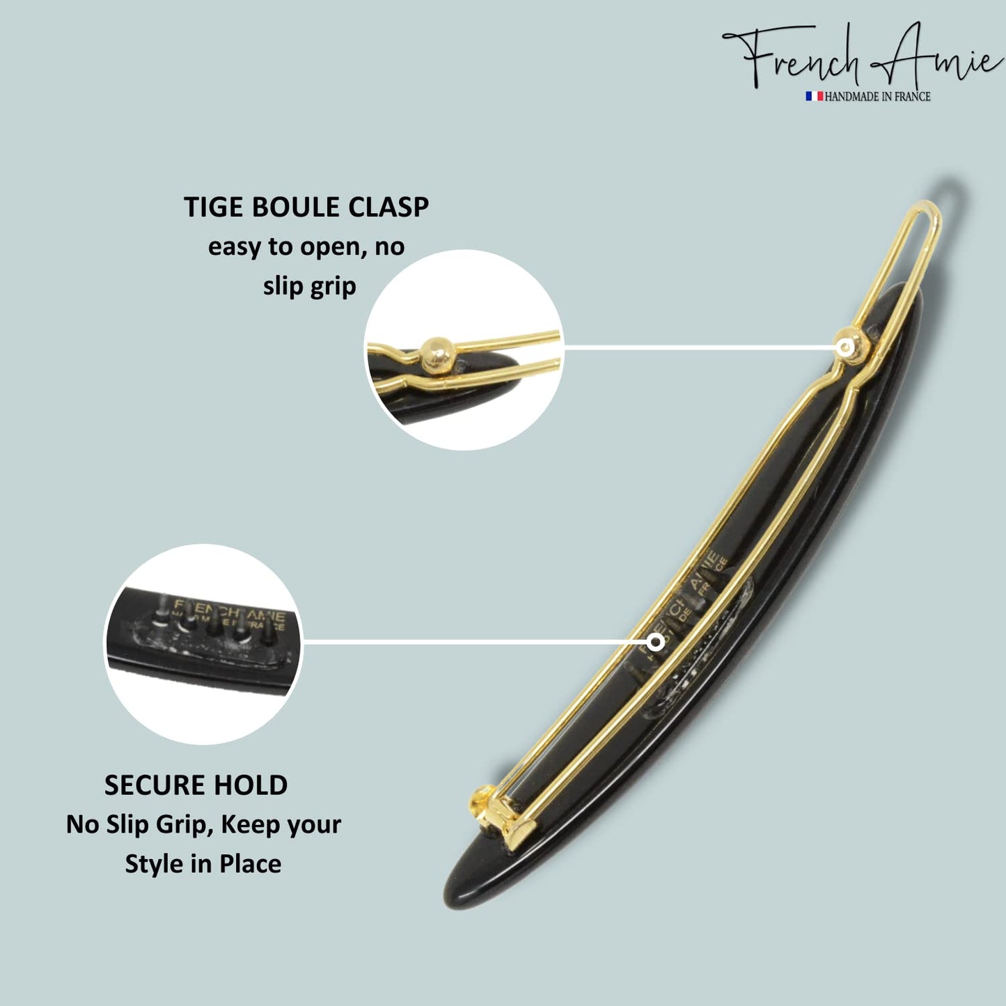 French Amie Narrow Oblong Small 2 1/4" Celluloid Acetate Set of 2 Side Slide In Hair Clip Barrettes with Tige Boule Clasp for Girls and Women, Made in France (Solid Black)