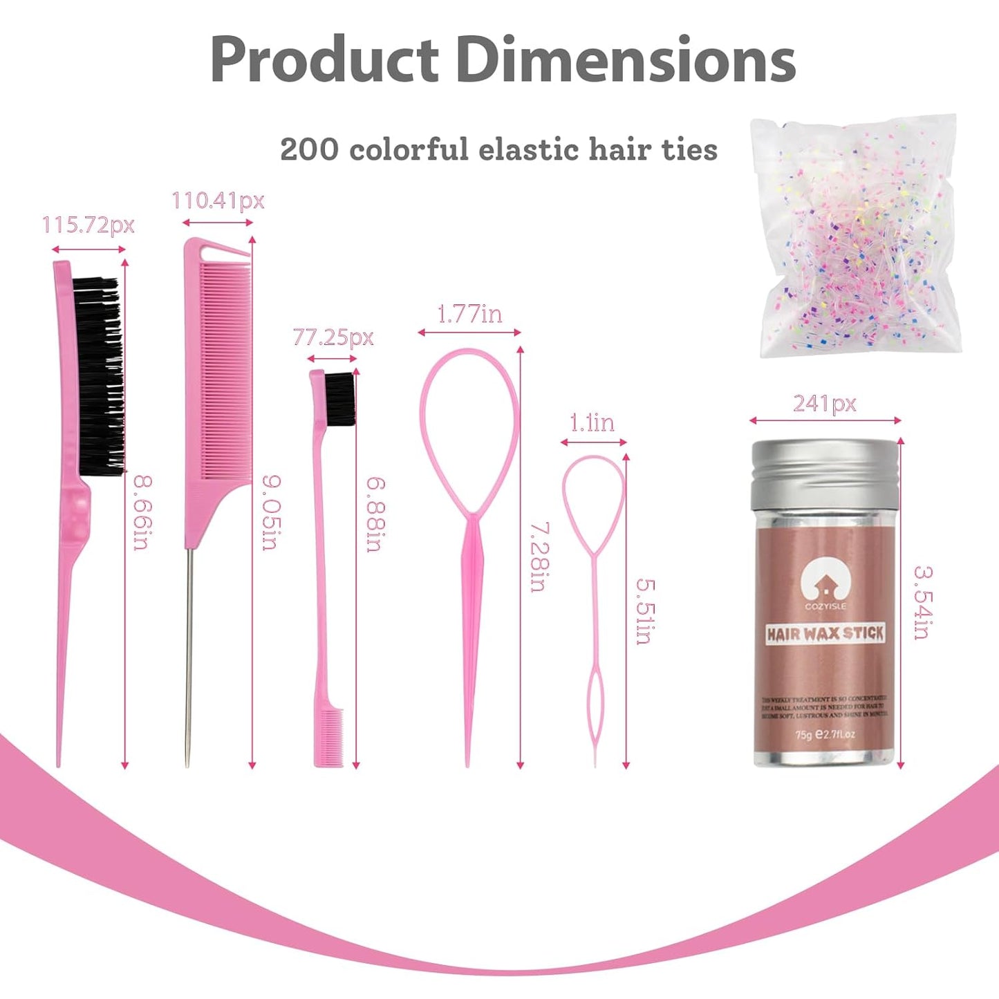 Hair Wax Stick Set & Slick Back Kit for Women – 7-in-1 Styling Tools with Hair Loop Styling Tool | Tames Flyaways, Frizz Control | Portable Hair Sticks (Pink)