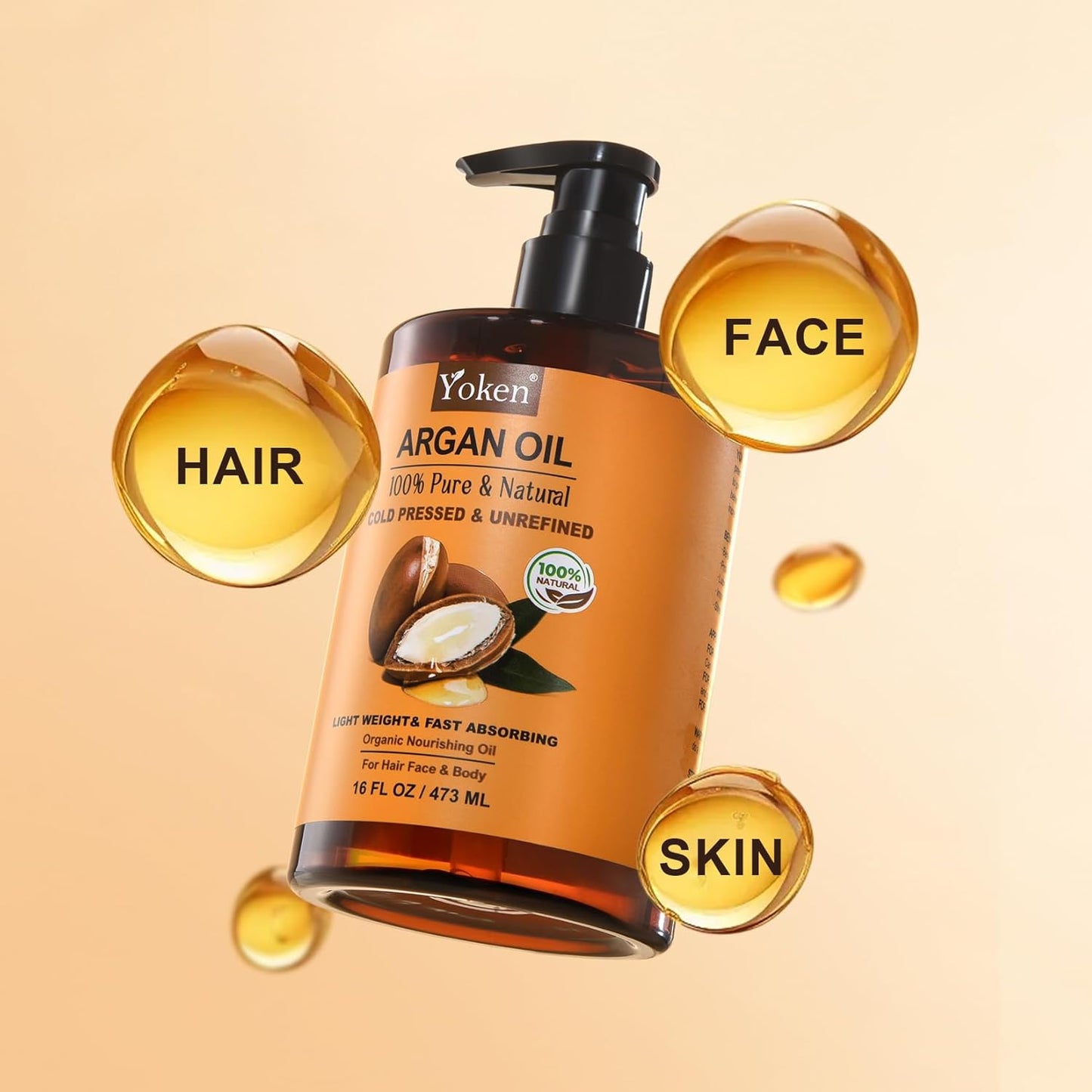 Argan Oil for Hair, Pure and Natural Morocco Argan Oil, Argon Oil For Hair, Scalp, Face & Skin Care, 100% Cold Pressed Hair Conditioner, Unrefined Argon Nails Carrier Oil (16 Fl Oz)