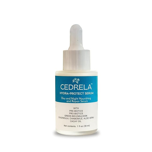 Cedrela Hydra-protect serum Day Night Nourishing Repair Prebiotics Probiotics Bioemulsion Calendula Chamomile Aloe Vera Cacay Oil Vegan All-natural 1 fl oz Suero hidratante probioticos