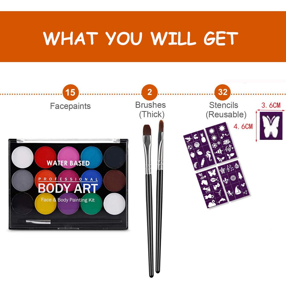 Face Paint Kit for Kids Adults, Professional Black White Paint Face Body Painting, 15 Colors with 2 Paint Brushes 32 Stencils, Hypoallergenic Safe Non-Toxic, Ideal Halloween Party Festivals Costumes