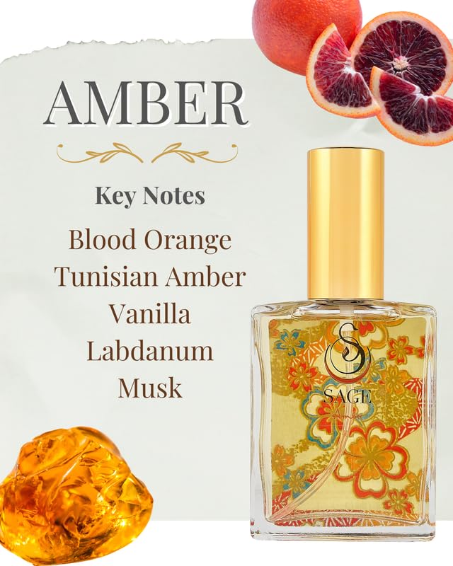 The Sage Lifestyle Amber Organic Perfume Spray for Women - Vanilla, Blood Orange, Warm Musk, Labdanum, Long Lasting and Natural Scent - Vegan & Cruelty Free, Made in USA, 2 oz - Travel Size Perfume
